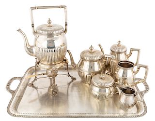 A RUSSIAN SEVEN-PIECE SILVER TEA AND COFFEE SERVICE WITH TRAY, WORKMASTER ANDERS LJUNG, ST. PETERSBURG, 1819-1826