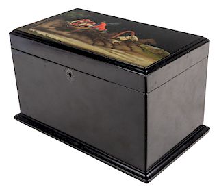 A RUSSIAN LACQUER AND PAPIER-MACHE TEA CADDY, LUKUTIN FACTORY, FEDOSKINO, 19TH CENTURY