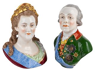 A PAIR OF RUSSIAN PORCELAIN BUSTS OF EMPRESS CATHERINE THE GREAT AND GRAND DUKE PAUL, IMPERIAL PORCELAIN MANUFACTORY, PERIOD OF EMPRESS CATHERINE II (