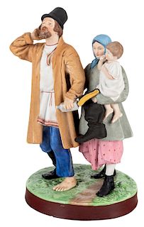 A RUSSIAN PORCELAIN FIGURAL GROUP OF A PEASANT WOMAN WITH A CHILD LEADING HER HUSBAND HOME FROM THE TAVERN, GARDNER PORCELAIN FACTORY, MOSCOW, LATE 19