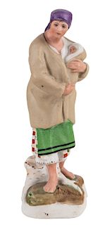 A RUSSIAN PORCELAIN FIGURE OF A PEASANT WOMAN WITH A CHILD, DMITROVSKAYA PORCELAIN FACTORY, VERBILKI, MOSCOW, 1920S-1940S
