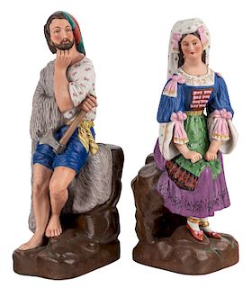 A PAIR OF RUSSIAN PORCELAIN FIGURES OF NEAPOLITAN PEASANTS, GARDNER PORCELAIN FACTORY, MOSCOW, MID-19TH CENTURY