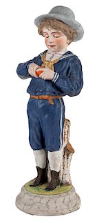 A LARGE RUSSIAN PORCELAIN FIGURE OF A YOUNG BOY PEELING AN ORANGE, GARDNER PORCELAIN FACTORY, MOSCOW, 1870S-1880S