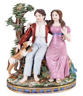 A RUSSIAN PORCELAIN FIGURAL GROUP OF "PAUL, VIRGINIE AND THE DOG FIDELE", POPOV PORCELAIN FACTORY, GORBUNOVO, 1830S-1850S