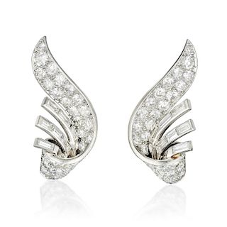 A Pair of Platinum Diamond Earclips, French