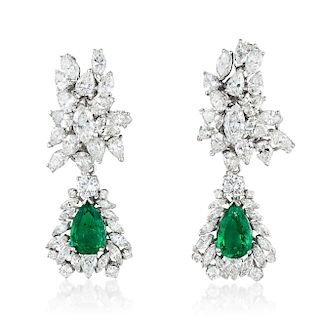 A Pair of Fine Day/Night Diamond and Colombian Emerald Drop Earrings