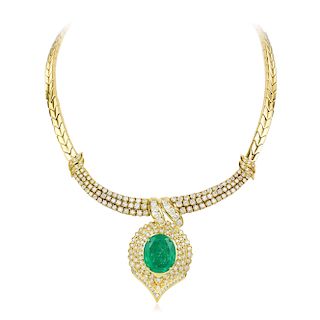 A Large Emerald and Diamond Pendant Necklace