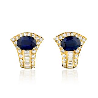 A Pair of Sapphire and Diamond Earclips