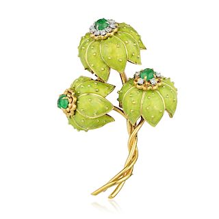 Tiffany & Co. Emerald Diamond and Enamel Chrysanthemum Brooch, by Donald Claflin