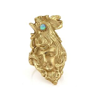Art Nouveau Opal 14k Yellow Gold Carved Woman Face Ring