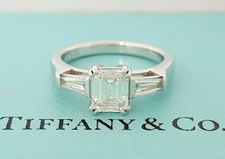 Tiffany & Co Emerald Diamond 3 Stone Engagement Ring