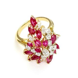 6 CT Diamond & Ruby 18k Gold Cluster Ring Size - 6.5