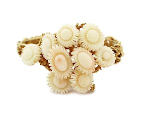 Vintage Angel Skin Coral Carved Sun Flower 14k Textured