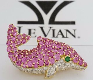 LeVian Diamond Pink Sapphire Emerald 18K Dolphin Pin