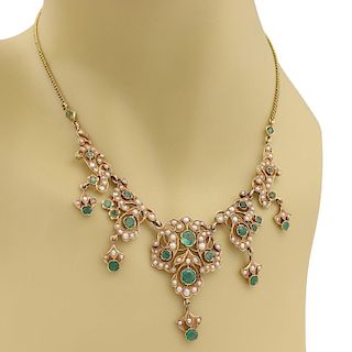 Vintage 3Ct Emerald Seed Pearls 14k Floral Necklace