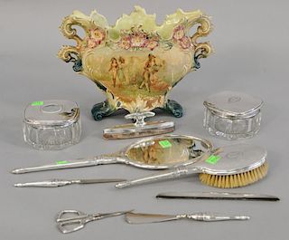 Ten piece lot to include a nine piece sterling dresser set and an Austrian Majolica vase with painted scene. vase ht. 8 1/4 in., wd....