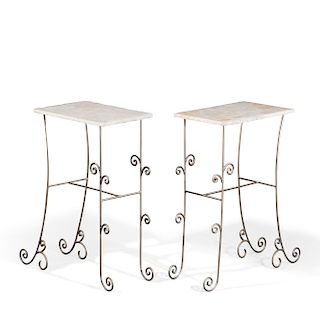 A pair of silvered iron & onyx occasional tables