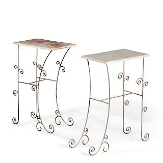 A pair of silvered iron & onyx occasional tables