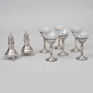 Pair of American Silver Casters and a Set of Six American Silver Mounted Glass Cordials