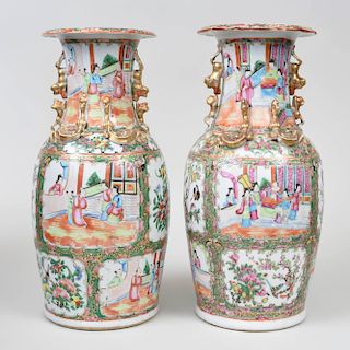 Pair of Chinese Export Porcelain Rose Medallion Baluster Vases