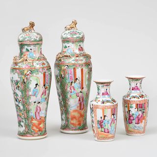 Pair of Chinese Porcelain Rose Medallion Jars and Covers and a Small Pair of Vases