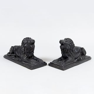 Pair of Continental Patinated-Bronze Models of Recumbant Lions
