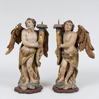 Pair of Italian Baroque Style Giltwood Angel Form Pricket Sticks