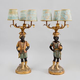 Pair of Italian Rococo Style Carved, Painted and Parcel-Gilt Moor Three-Light Candelabra, 20th Century