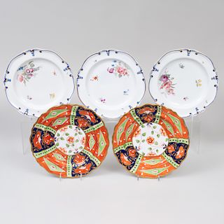 Set of Three Derby Porcelain Plates and a Pair of English Imari Porcelain Plates
