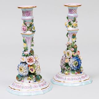 Pair of Continental Porcelain Flower Encrusted Candlesticks
