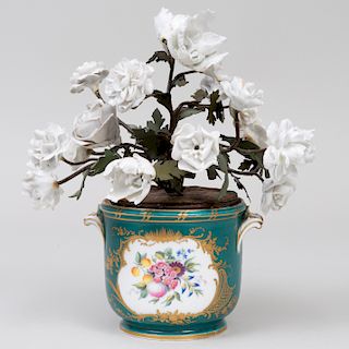 Sèvres Style Porcelain Green Ground Glass Cooler, Fitted with White Porcelain Flowers on Painted Metal Stems