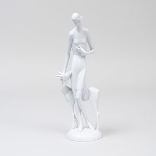Art Deco Style Rosenthal Porcelain White Glazed Figure of a Woman and Deer