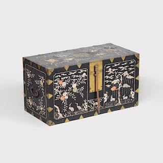 Japanese Brass-Mounted Nacre Inlaid and Black Lacquered Chest