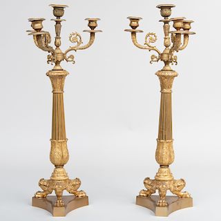 Pair of Restauration Style Gilt-Bronze Four-Light Candlesticks