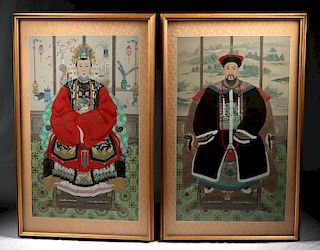 20th C. Framed Chinese Ancestor Portraits on Silk (pr)
