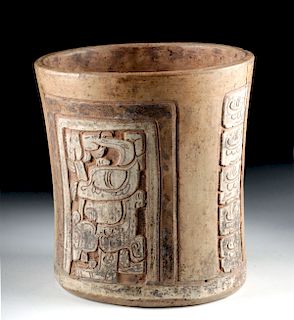Fine Maya Carved Brownware Cylinder