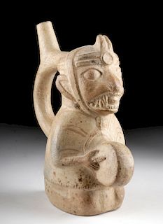 Moche Pottery Stirrup Vessel - Sea Lion Shaman Drummer