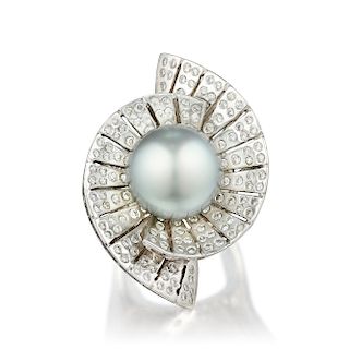 A Cultured Pearl and Diamond Ring