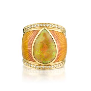 An Opal Diamond and Enamel Ring