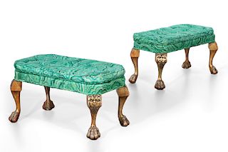 Pair malachite fabric & giltwood stools, Duquette 
