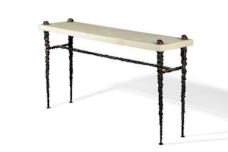 A patinated bronze and vellum console table