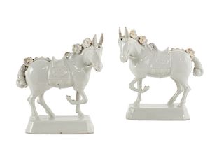 A pair of Dutch Delft tin glaze circus horses 