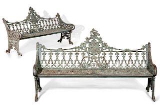 A pair of verdigris cast iron garden benches