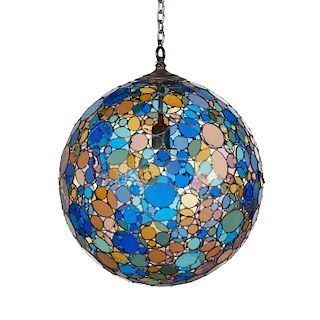A leaded clear and colored glass globe lantern