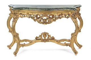 A Louis XV Style Giltwood Console Table Height 39 x width 60 1/2 x depth 21 inches.
