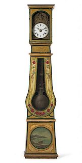 A French Painted Tall Case Clock Height 86 1/2 x width 17 1/4 x depth 9 inches.