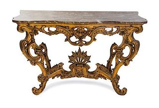 A Louis XV Style Giltwood Console Table Height 33 3/4 x width 54 x depth 27 1/4 inches.