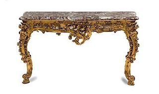 A Louis XV Style Giltwood Console Table Height 31 1/2 x width 52 x depth 16 1/4 inches.
