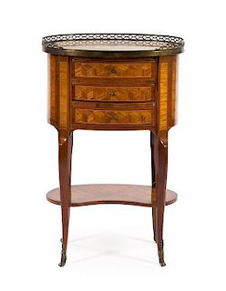 * A Louis XV/XVI Transitional Style Parquetry Table en Chiffonier Height 28 1/2 x width 18 x depth 12 3/4 inches.
