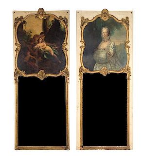 A Pair of Louis XVI Style Painted and Parcel Gilt Trumeau Mirrors Height 97 x 39 1/2 inches.